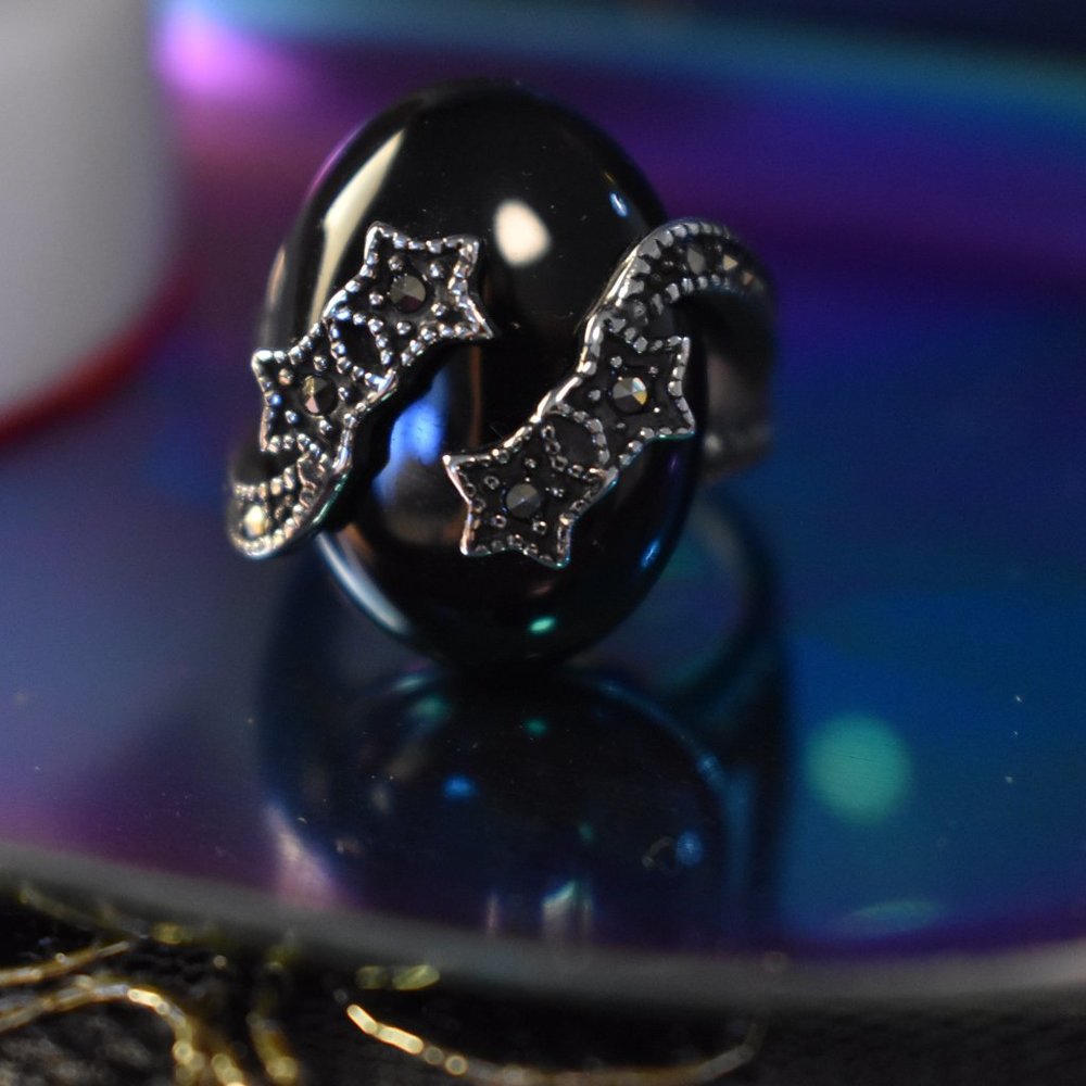 Shooting Star Black Agate and Swiss Marcasite Ring
